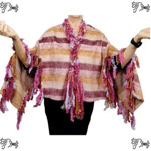 Upcycled Mauve Striped Sweater Poncho Handknotted Fringe Crocheted Scarf  M